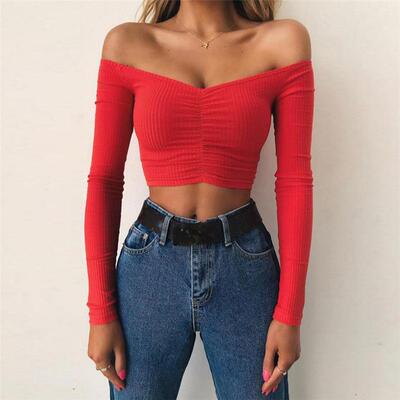 Women's long sleeved one shoulder exposed navel short