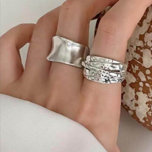 2-piece ring set for women跨境不规则宽面锤戒指2件套女开口戒
