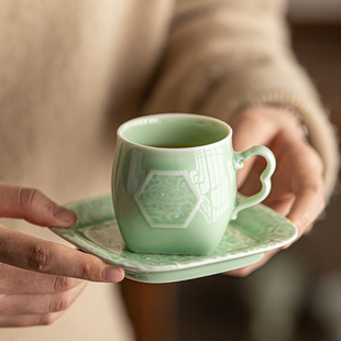 陶瓷小号咖啡杯办公室杯中式家用主人茶杯防烫杯垫喝开水杯子