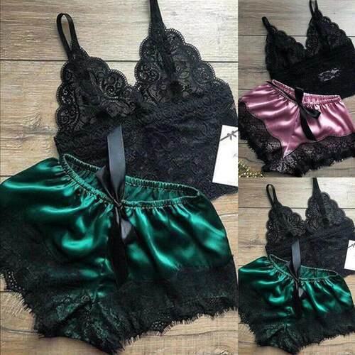 2PCS Womens Lace Sleepwear Lingerie Tops Shorts Set Babydoll