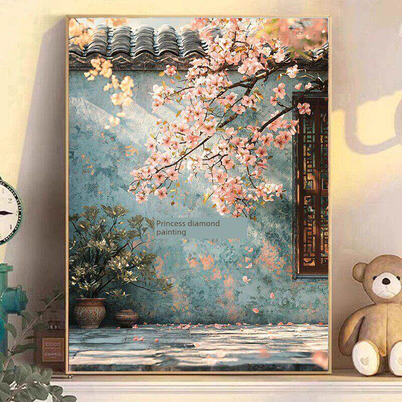 古典中国风DIY手工钻石方钻全钻钻画钻绣春古风小院子一角梅花