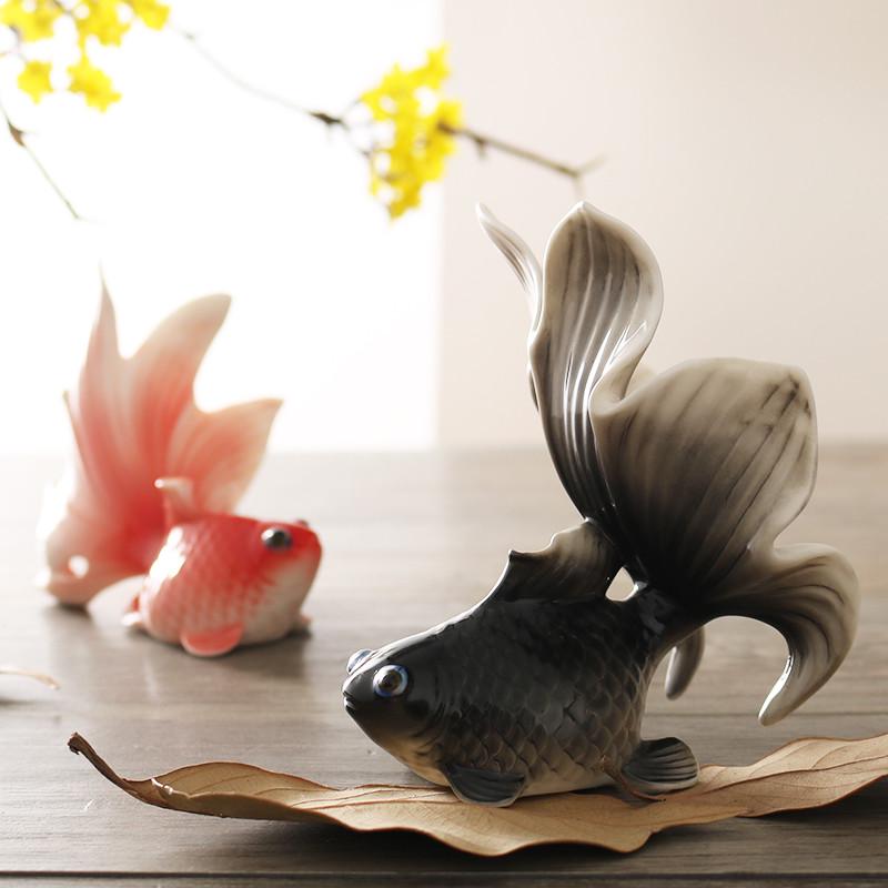 IYR7陶瓷茶宠摆件可养立体家居饰品金鱼喜庆茶道茶盘装饰手工