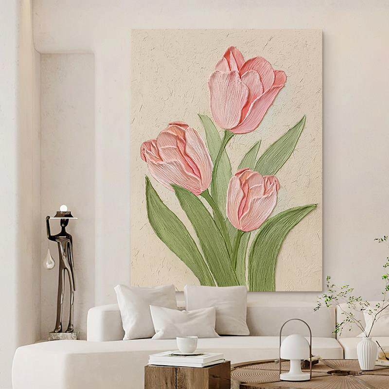 网红.手绘油画《花开晌半》简定制约厅装饰画纯奶油客风玄关挂画 - 实物图