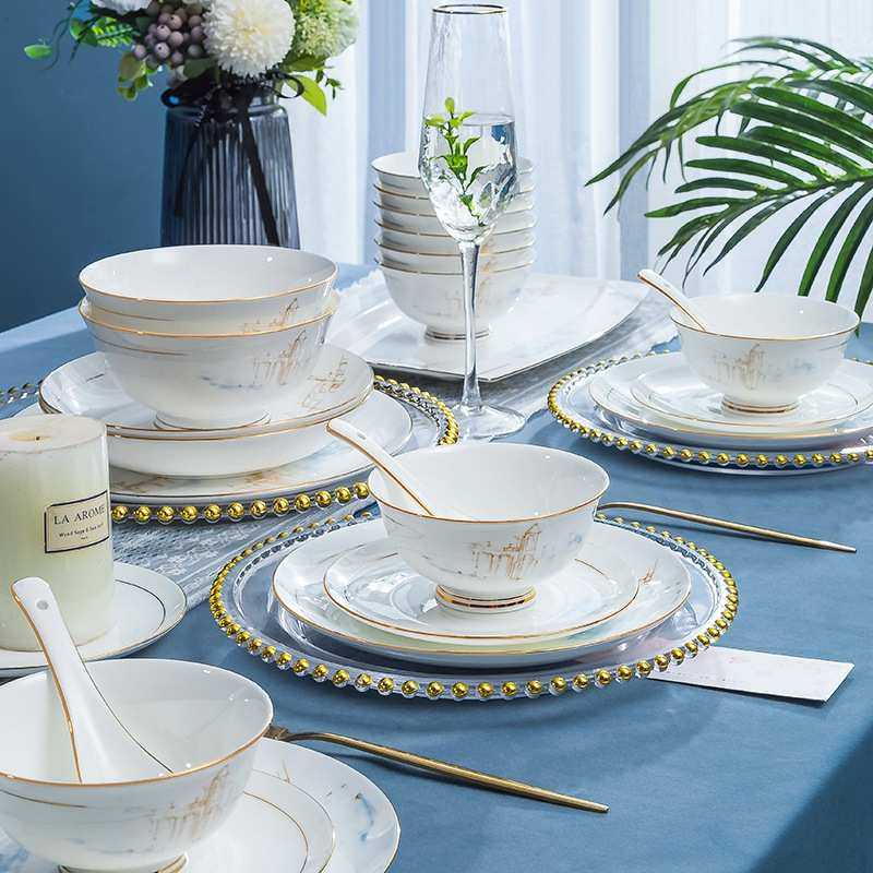碗碟套装家用轻奢现代简约景德镇金边骨瓷餐具陶瓷碗盘乔迁礼品,餐饮具,盘,淘宝优惠券,粉丝福利购,淘宝优惠卷