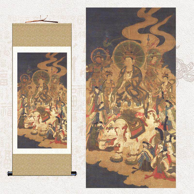 复古普贤十罗刹女像鬼子母神王菩萨佛像挂画多闻天王卷轴画寺庙