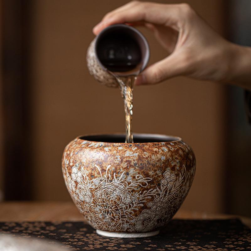 老岩泥繁花鎏银建水 中式复古陶瓷茶渣缸水孟茶道零配茶洗杯洗