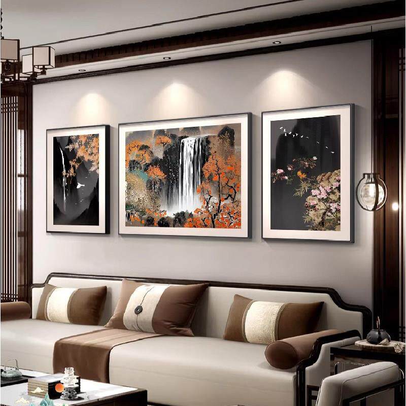 瀑布风景沙发背景墙装饰画流水生财新中式客厅挂画三联组合壁画