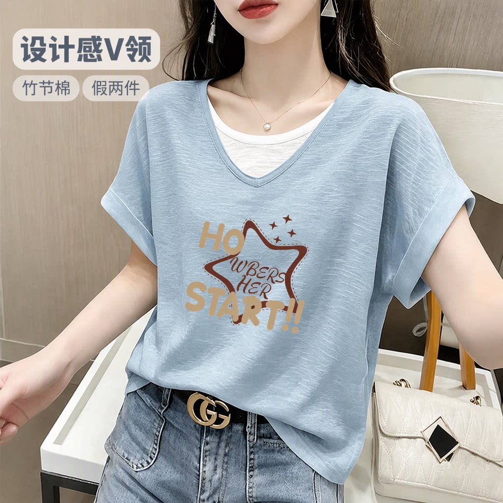 韩系竹节棉短袖设计感V领T恤图片