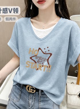 韩系竹节棉短袖设计感V领T恤