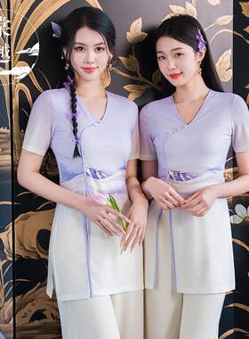 棠越夏季新款足疗工作服套装女修身spa采耳养生馆技师服工装短袖