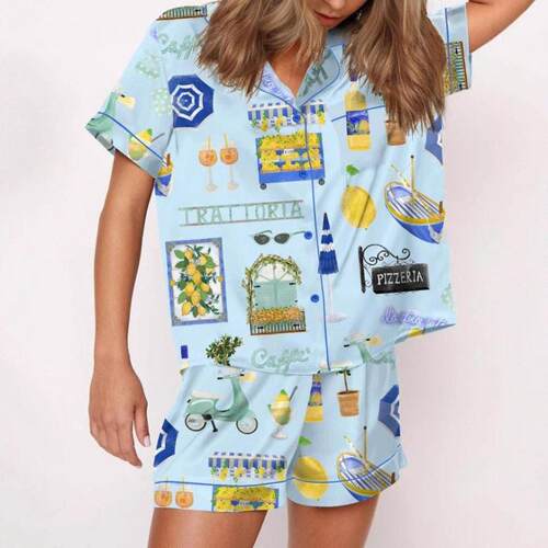 Halloween Pumpkin Bat Print Sleeve Fitted Women Pajama Set