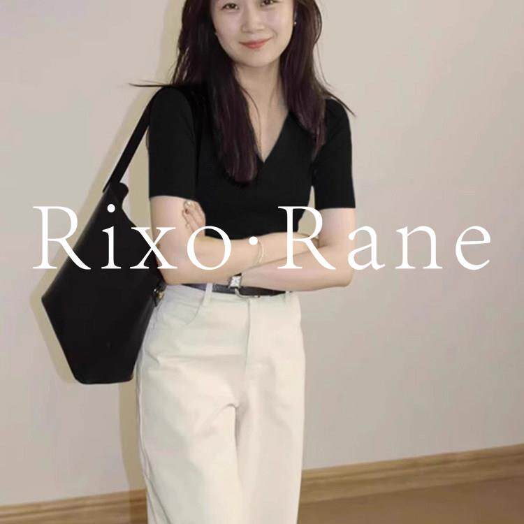 法国Rixo Rane 巨舒适⭐黑色正肩V领冰丝针织短袖T恤女夏修身上衣