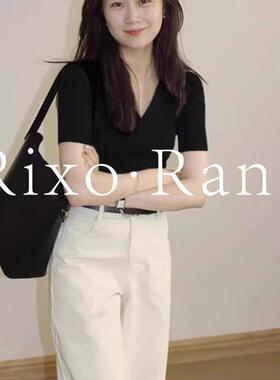 法国Rixo Rane 巨舒适⭐黑色正肩V领冰丝针织短袖T恤女夏修身上衣