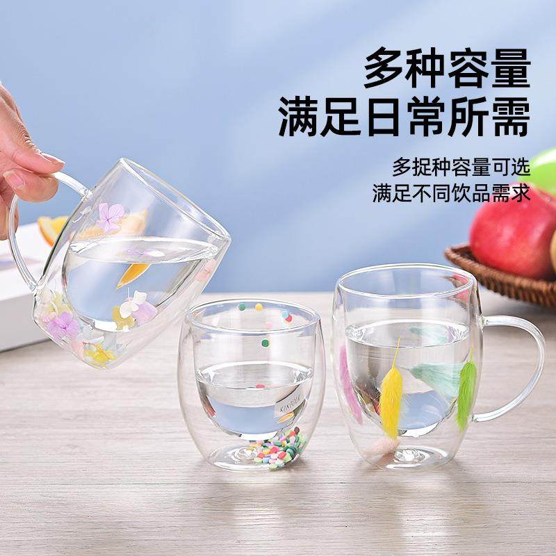 跨境双层玻璃流沙干花杯高硼硅玻璃双层杯牛奶咖啡杯家用喝水杯