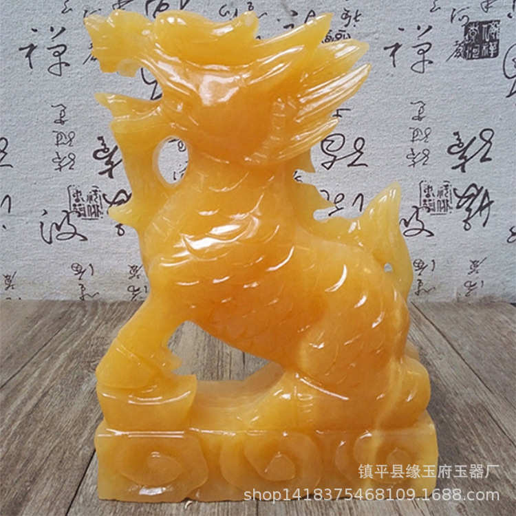 厂家zhi销黄玉手工雕刻米黄玉石貔貅玉麒麟工艺品玉摆件批发
