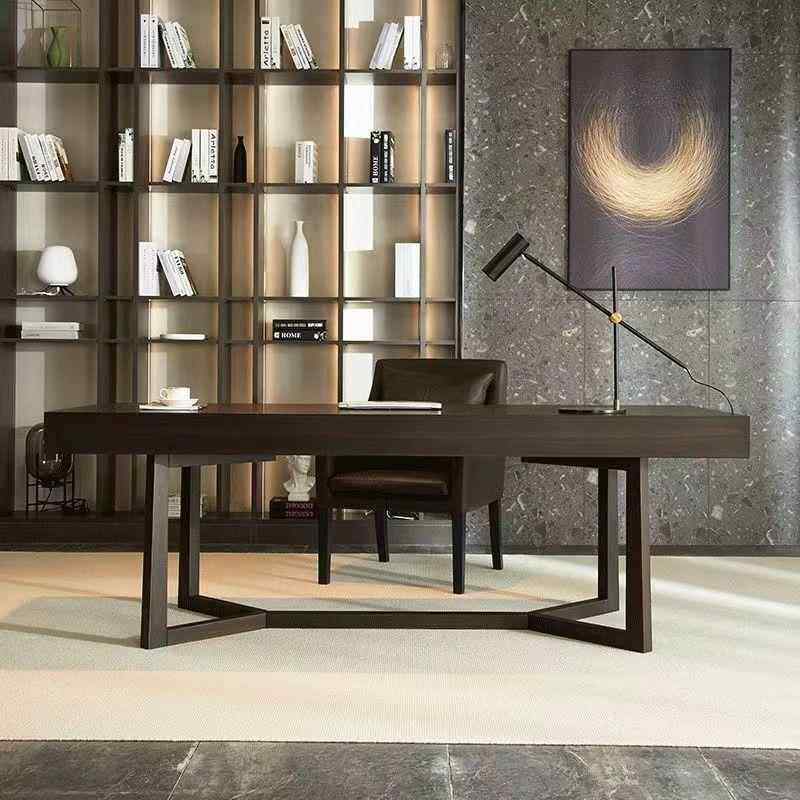 意式极简书房书桌家用轻奢现代简约设计师电脑桌烟熏实木办公桌子