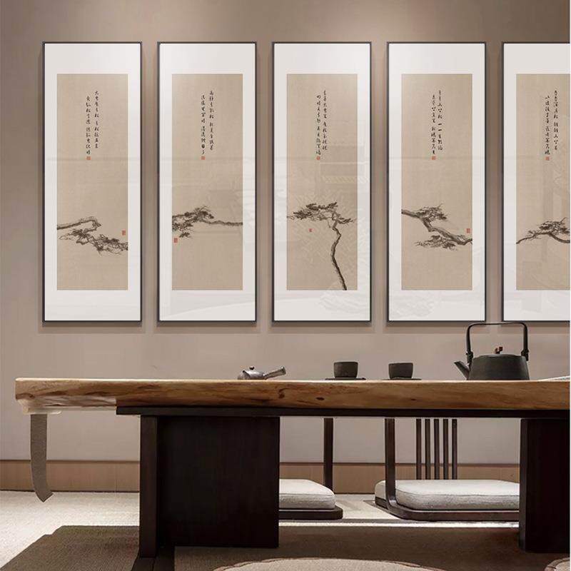 新中式玄关客厅沙发酒店挂画迎客松多联组合中堂壁画竖版字画