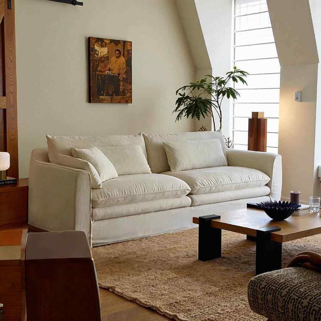 侘寂风怀抱沙发小户型亚麻布艺客厅可拆洗法式奶油风直排棉麻沙发