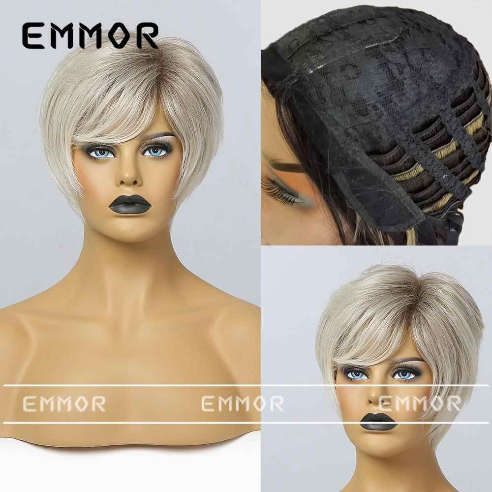 新款直销Emmor亚马逊短发女士假发渐变金色化纤发刘海款微卷斜刘