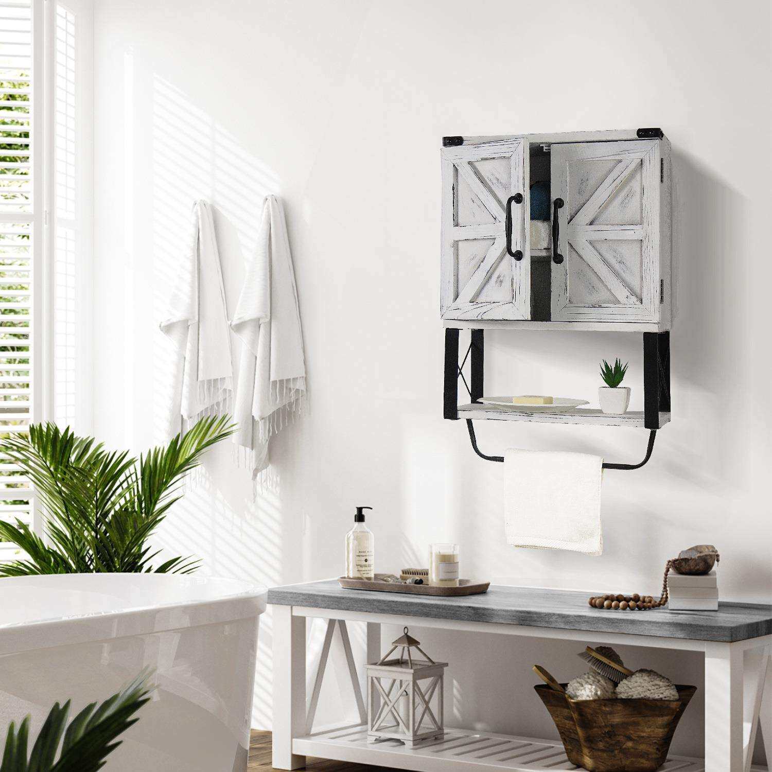 复古壁挂式木质浴室柜实木双开门美式乡村毛巾架储物柜美式实木