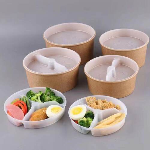 牛皮纸碗一次性纸碗内托组合加厚外卖餐盒饭菜分离外卖打包盒内衬