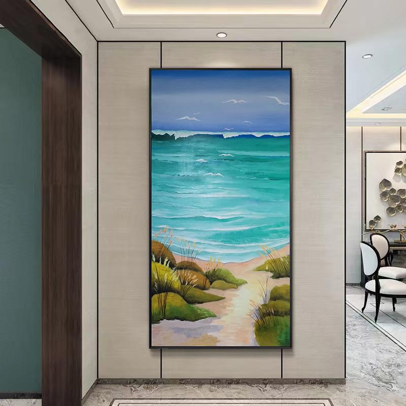 纯手绘海景油画客厅玄关竖款大尺寸装饰画现代简约田园风景挂画