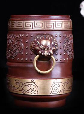 杨铜记 铜器 复古桌面办公摆件 铜笔筒 狮头莲花笔筒 笔筒