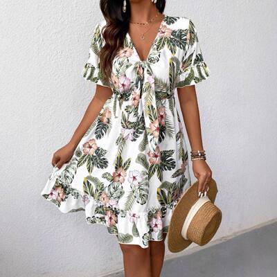 Women Tummy Control Lightweight Tropical Floral Dress Tie