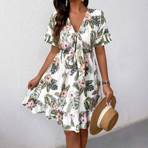Women's Tropical Plant Print Front Tie Short Sleeve Casual
