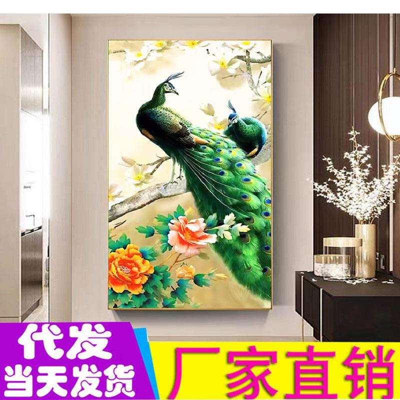 工厂直销吉祥绿孔雀十字绣竖版玄关满绣新款印花十字绣