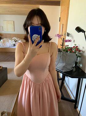 山山屿你【恋恋甜心】微胖韩系少女粉吊带洋装女夏季+白色开衫