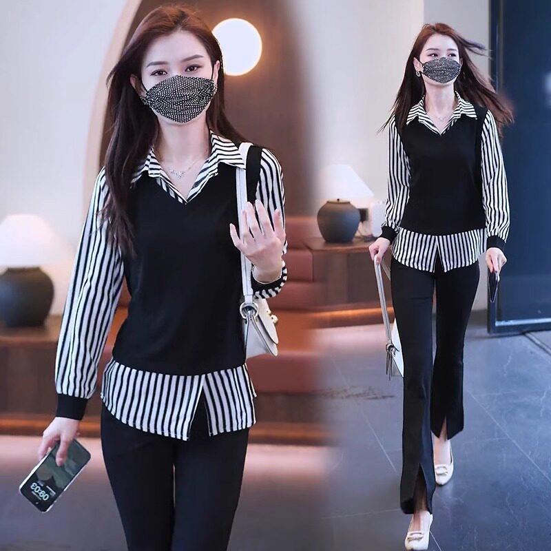 韩国假两件衬衫女遮肚子早春洋派条纹内搭衣衬衫显瘦小衫长袖上衣