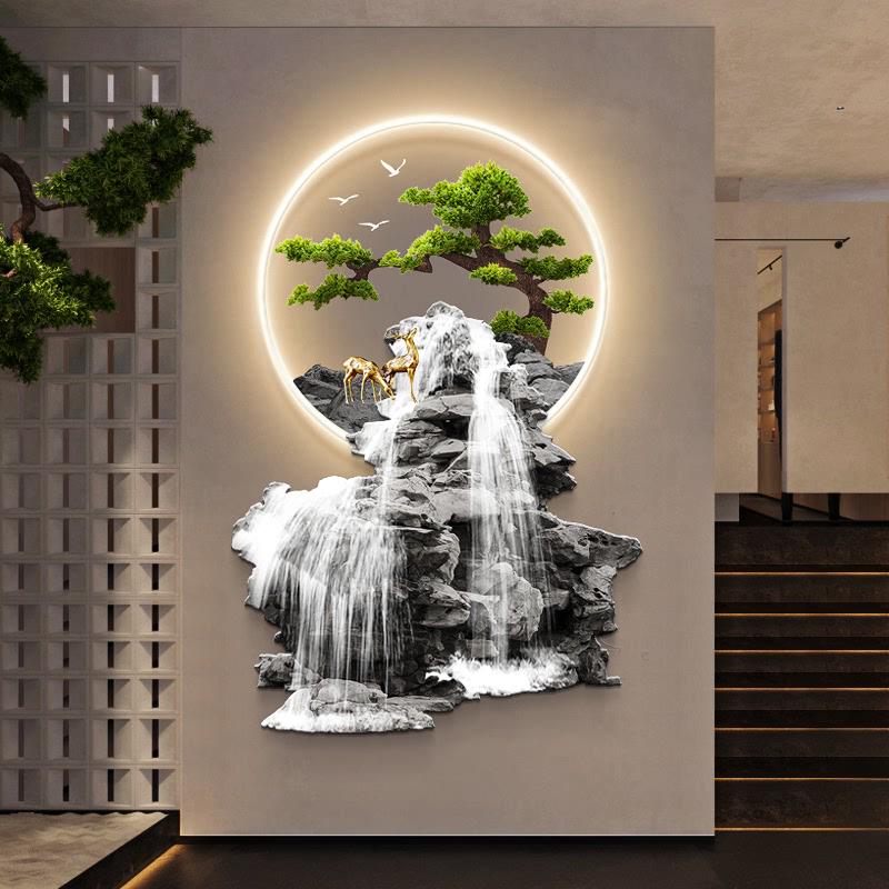 流水生财玄关装饰画带灯新中式走廊过道挂件迎客松入户门发光壁饰