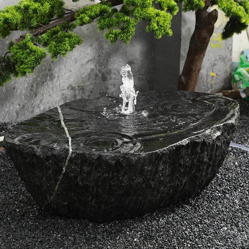 天然黑山石水钵喷泉石钵户外造景室内石雕流水摆件水盆涌泉景观石