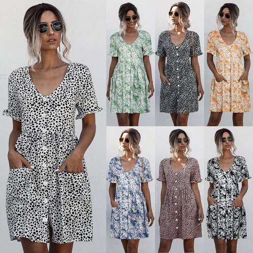 Short sleeved polka dot printed pocket dress