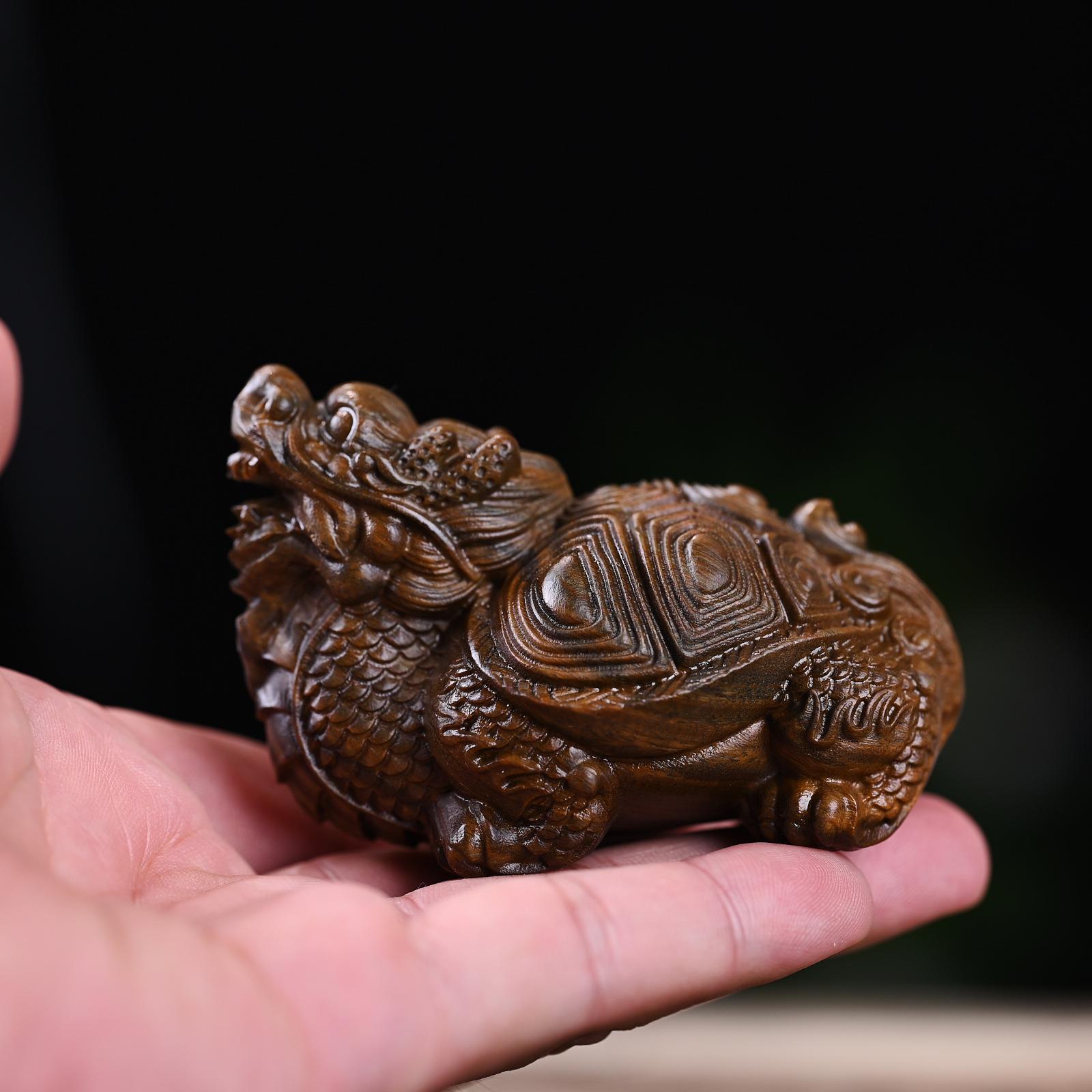 崖柏龙生九子木雕手把件绿檀招财龙龟文玩桌面工艺品人气摆摊茶宠图片