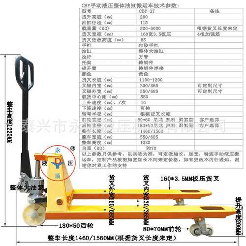 1.2米手动叉车2吨液压搬运车550680宽地牛尼龙轮托盘车油压车