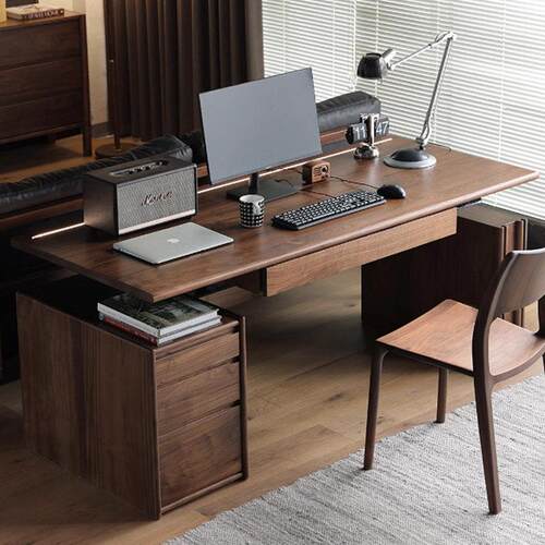 北美黑胡桃木电动升降电脑书桌1.8m客厅沙发后背智能原木办公桌