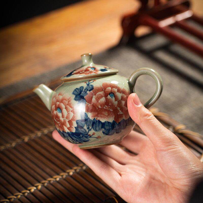 纯手工功夫茶具茶壶手绘牡丹釉下青花陶瓷家用泡茶壶开片古朴单壶