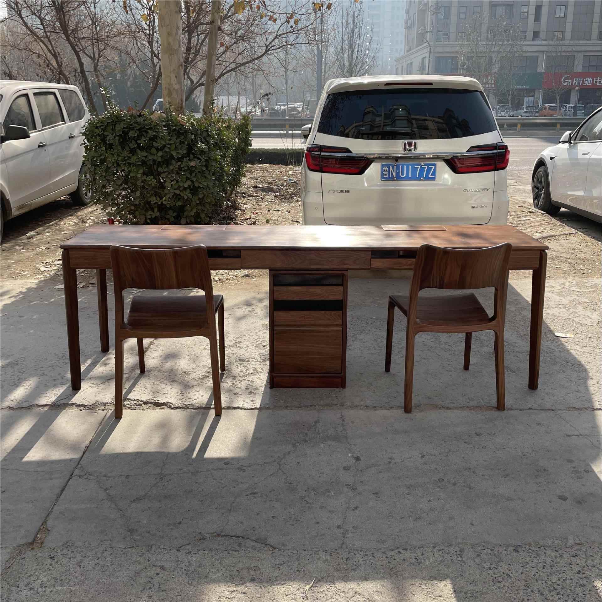 北美黑胡桃木全实木双人书桌樱桃木写字台一体电脑桌白橡木学习桌