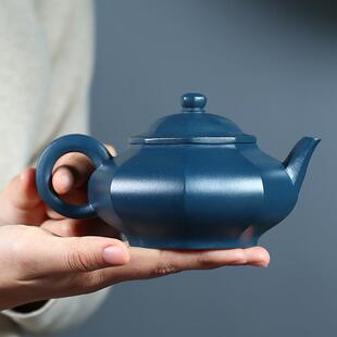 宜兴原矿天青泥紫砂壶纯全手工刻绘 八方宝菱茶壶家用功夫泡茶具