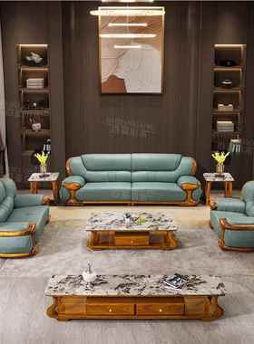 新中式乌金木沙发头层真牛皮现沙代58311奢华别墅户大型客厅实木