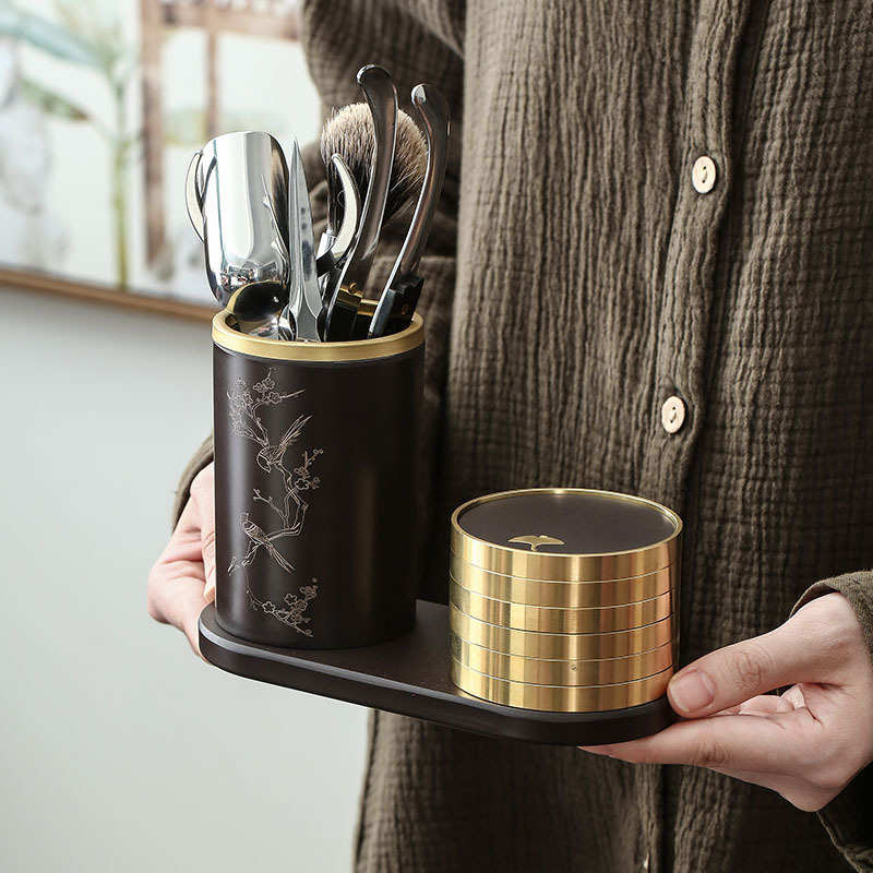 黑檀实木茶道六君子套装纯铜茶具配件铜木杯垫茶勺养壶笔泡茶工具