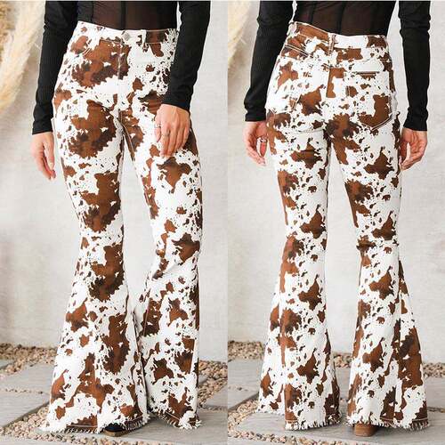 MAOMOUS women spring summer jeans cow pattern white bottom