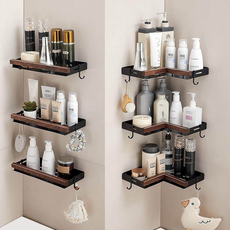 胡桃木浴室置物架化妆室厕所壁挂墙上转三角收纳免打孔沐浴露架子