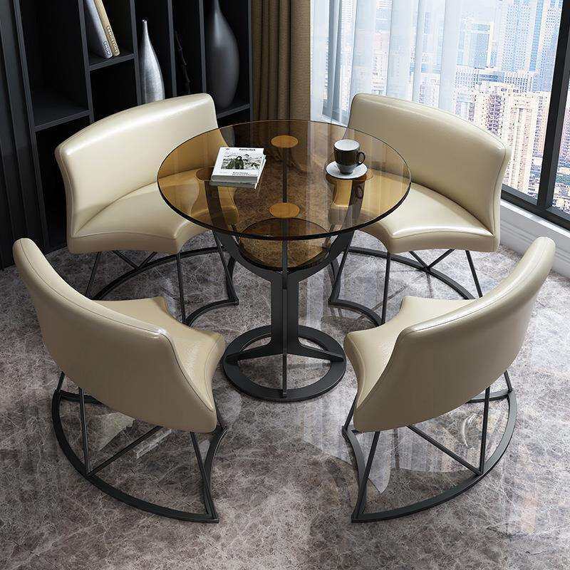 双层钢化玻璃创意小圆桌子家用奶茶店售楼处休闲会客洽谈桌椅组合