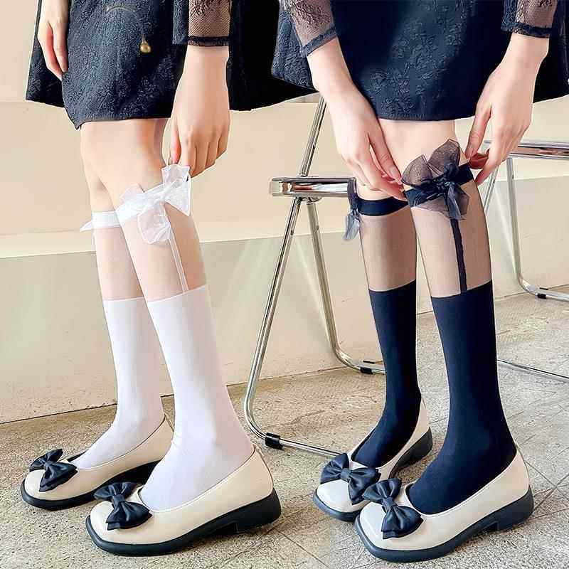 夏季女士袜子侧面蝴蝶结天鹅绒小腿袜洛丽塔JK袜分层及膝袜定制