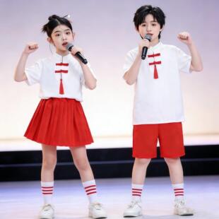 小学生中国风红色爱国主题演讲比赛女童礼六一儿童朗诵合唱演出服