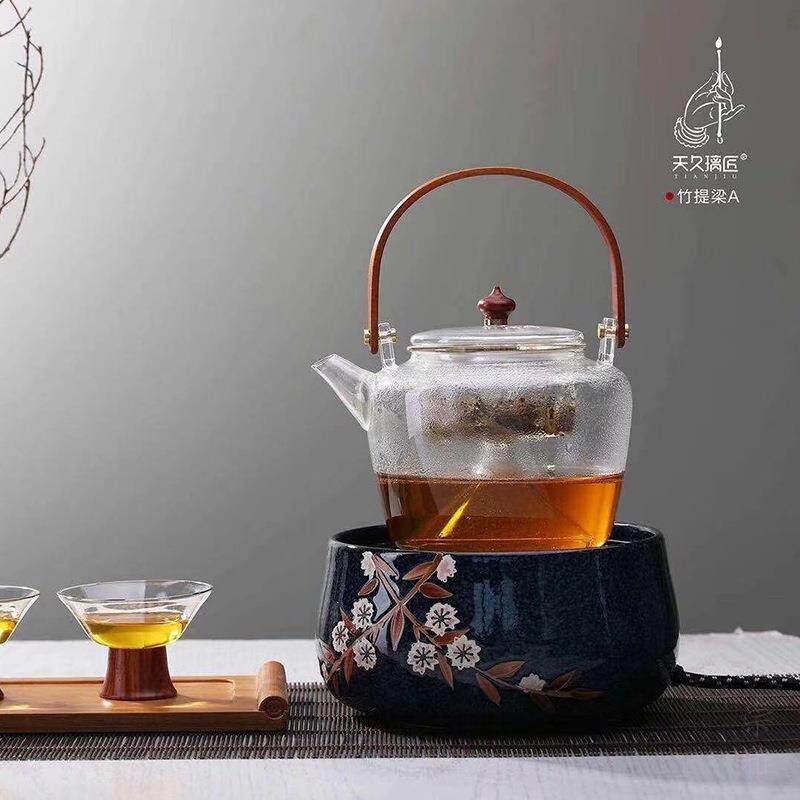 天久璃匠1000ml竹提梁蒸煮茶壶茶室高硼硅耐高温玻璃壶煮水壶