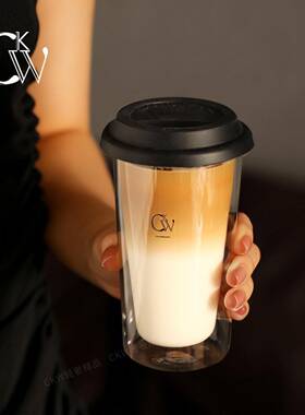 CKW 双层玻璃杯带盖咖啡杯女高颜值耐高温隔热水杯家用果汁泡茶杯